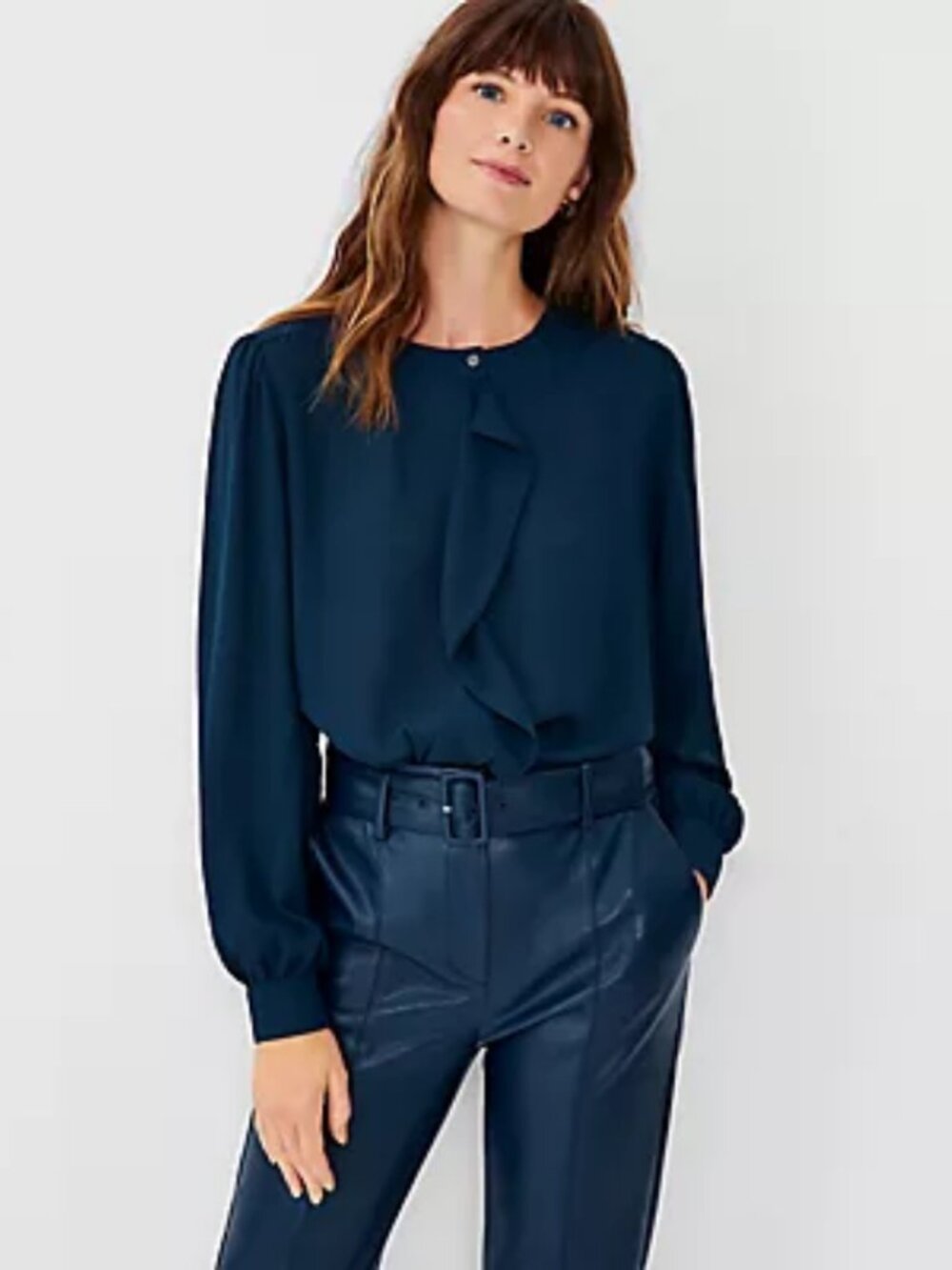Ann Taylor Mixed Media Draped Top Midnight Spruce Size XL Modest Office Ruffle